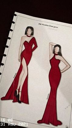 a drawing of two women in red dresses