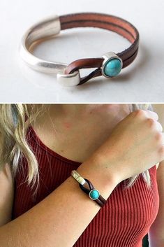 Turquoise and Silver Leather Cuff Bracelet for Women | This leather, turquoise and silver-finish half hook bracelet is a variation of my most popular work. The new twist is that it features a marbled, synthetic turquoise slider bead for the accent piece. Both the tan and black color choices are rich, genuine leather of the highest quality. A great fit for your Boho, Indie and Hippie Style. #RedMoonJewelry #leatherbraceletsforwomen #cuffbracelets #turquoisejewelry #boho #indie #hippie Southwestern Silver Leather Jewelry, Bohemian Silver Leather Bracelet, Turquoise Leather Jewelry, Boho Leather Jewelry, Handmade Boho Jewelry, Handmade Leather Bracelets, Hook Bracelet, Silver Bracelets For Women, Leather Cuff Bracelet