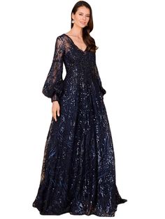 Long sheer sleeves with a flare detail accentuate this lace ball gown embellished with rhinestones and lace embroidery. Back zip Polyester lace on polyester lining Professionally clean Imported Sheer long sleeves Fits slightly small, we recommend sizing up Bra friendly A-line Starfall Ball Gown, Midnight Blue Ball Gown, Starfall Ball, Gowns Long Sleeve, Blue Ball Gown, Blue Ball Gowns, Mother Dresses, Exquisite Gowns, Sheath Gown