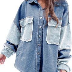 56% Cotton + 44% Poly Small = 4-6 Medium = 8-10 Large = 12-14 X-Large = 16-18 Oversized Denim Shacket In Medium Wash, Oversized Medium Wash Denim Shacket, Fall Washed Blue Denim Shacket, Oversized Light Wash Denim Shacket, Casual Oversized Patchwork Denim Jacket, Oversized Casual Denim Jacket With Patchwork, Faded Denim Jacket With Frayed Hem And Long Sleeves, Winter Blue Denim Top With Pockets, Oversized Denim Blue Jacket With Patchwork