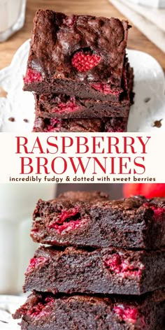 chocolate raspberry brownies stacked on top of each other with the title overlay