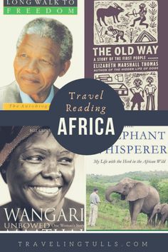 the cover of travel reading africa with pictures of people and animals in front of them