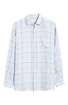 Softly slubbed linen woven in a colorful check brings sunny-day comfort to a shirt that looks great whether you wear it tucked or untucked. 32" length; 44" chest (size Medium) Front button closure Spread collar Long sleeves with adjustable button cuffs Chest patch pocket 100% linen Machine wash, dry flat Imported Peter Millar, Chest Size, Patch Pocket, Looks Great, Button Up Shirts, That Look, Button Up, Nordstrom, Long Sleeves