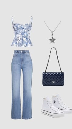 two pieces of clothing including jeans, top and handbag