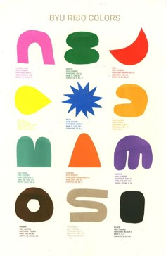 a poster with different colored shapes and numbers on it's back cover that says, byu riso colors