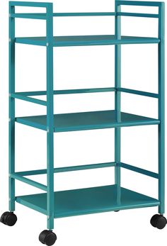 a blue shelf with three shelves on wheels