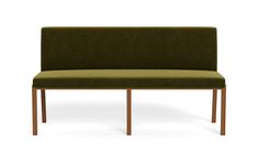 an upholstered bench with wooden legs and a green fabric seat cover on the back