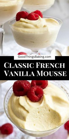 two glasses filled with vanilla mousse and topped with raspberries