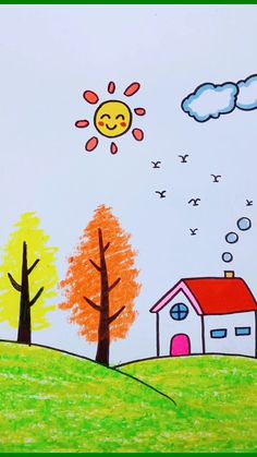 a drawing of a house with trees and sun in the sky above it on a hill