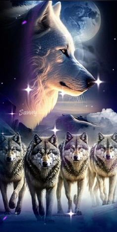 a group of wolfs standing in front of the moon