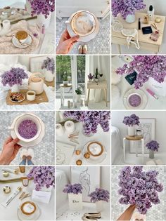 the collage shows different types of purple flowers in vases, plates and other items