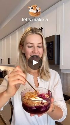 a woman holding a bowl with food in it and making a face on the screen