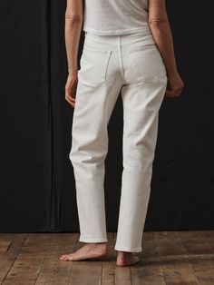 Straight leg, high-waisted pants in subtly structured 12 oz. twill. | Buck Mason Women's Rider Jeans in Natural, Size 24 Chic Tapered Leg Mom Fit Bottoms, Cream Fitted Pants With Straight Hem, Fitted Cream Pants With Straight Hem, Chic Mom Fit Bottoms With Tapered Leg, Chic Mom Fit Tapered Leg Bottoms, Cream Workwear Bottoms With Five Pockets, Cream Bottoms With Five Pockets For Work, Cream Straight Hem Bottoms For Work, Mom Fit Tapered Leg Bottoms With Belt Loops