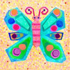 a painting of a colorful butterfly on a yellow background