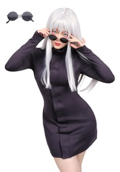 a woman with long white hair and glasses on her head is wearing a black dress