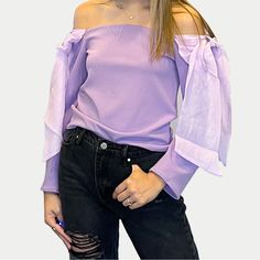 Material: 95% Polyester 5% Spandex Stretch Summer Blouse, Stretch Elastane Summer Blouse, Trendy Stretch Off-shoulder Blouse, Stretch Purple Tops, Stretch Purple Elastane Tops, Spring Party Blouse In Elastane, Fitted Purple Top For Brunch, Purple Stretch Feminine Top, Stretch Purple Feminine Tops