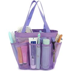 a purple tote bag filled with personal care items