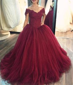 elegant lace appliques with off the shoulder neckline make this ball gowns dress perfect as your wedding gowns in year 2017 Red Prom Dress Ballgown, Wedding Dresses Ball Gown Lace, Burgundy Ball Gown, Burgundy Wedding Dress, Wedding Dress Tulle Lace, Off White Wedding Dresses, Off Shoulder Ball Gown, Ball Gown Prom Dress, Sweet 15 Dresses