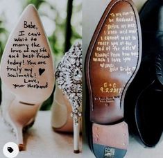 three different types of shoes with writing on them