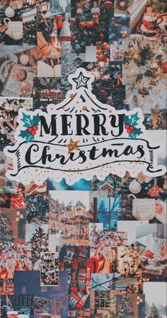 merry christmas collage with many different pictures and words on it, including santa's sleigh