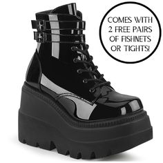 New In Box Demonia Sha52 Black Patent With A 4 1/2" (114mm) Wedge Platform Lace-Up Front Ankle Boot W/ Double Buckled Ankle Straps, Inside Zip Closure. Free Shipping Perfect For A Festival Outfit, Rave Wear, Goth Boots, Alternative Fashion, Dollskill Platform Shoes, With Retro Clothing And More #Nwt #Y2k #Summer #Fall #Aesthetic #Emo #Halloween #Costume Winter Wedges, Goth Shoes, Goth Boots, Demonia Shoes, High Heel Stiefel, Gothic Shoes, Aesthetic Vibes, Platform Ankle Boots, Lace Up Ankle Boots