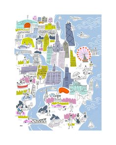 an illustrated map of new york city with buildings, parks and water features in blue