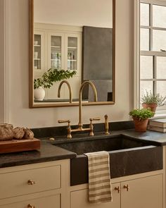 a kitchen sink under a large mirror next to a window with potted plants on it