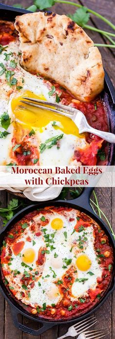 two pans filled with eggs and cheese on top of a wooden table next to bread