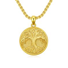 PRICES MAY VARY. 【FEATURES】: 925 Sterling Silver Tree of Life Pendant Necklace for Men and Women! eye-catching Tree of Life coin pendant design. It's a great Tree of Life jewelry gift! Learn more about this Nordic style jewelry! 【MATERIALS】: Gold plated tree of life necklace made of high quality 925 sterling silver, lead-free, and hypoallergenic, very safe. Reduce concerns about sensitive skin and product quality. 【DETAILS】: Sterling silver tree of life pendant has a diameter of 0.86’’, comes wi Tree Of Life Necklace Gold, Men Gold Pendant Design, Vintage Gold Necklace, Our Family Tree, Life Jewelry, Tree Of Life Jewelry, Jewelry Materials, Gold Chain With Pendant, Black Tree