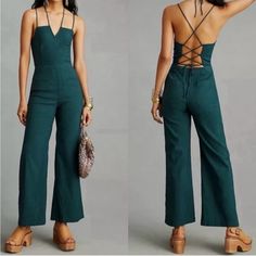 Nwt Viscose Blend Green Strappy Jumpsuit. Adjustable Straps By Tying. Has Pockets In The Back. Backless Summer Jumpsuits And Rompers For Work, Backless Jumpsuits And Rompers For Summer Workwear, Strappy Jumpsuit, Pant Jumpsuit, Jumpsuit Romper, Adjustable Straps, Size 12, Pants For Women, Jumpsuit