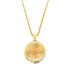 18 Karat Gold Filled Saint Benedict Charm Necklace Charm Measures: 1 inch Material: 18 Karat Gold Filled, Hypoallergenic. Tarnish Resistant. Gold-filled does not de-laminate or peel like Gold plated Jewelry nor does it tarnish as readily as silver. Generally speaking, gold filled is better quality and will have a much longer lasting color than plated jewelry. We recommend keeping abrasive chemicals away from the jewelry for the items to last. Thank you for visiting and supporting our small busin Spiritual Yellow Gold Pendant Necklace, Yellow Gold Pendant Jewelry For Blessing, Gold Plated Spiritual Medallion Jewelry, Gold Plated Spiritual Round Pendant, Gold Plated Spiritual Jewelry For Blessing, Spiritual Gold-plated Necklaces For Blessings, Spiritual Gold-plated Necklace For Blessings, Amulet Style Yellow Gold-plated Medallion Necklace, Amulet Style Gold Plated Medallion Necklace