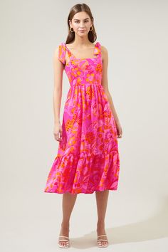 Pink Floral Print Beachwear Midi Dress, Pink Vibrant Print Midi Dress For The Beach, Pink Midi Dress With Vibrant Print For Beach, Casual Pink Printed Midi Dress, Pink Sleeveless Printed Midi Dress, Pink Midi Length Summer Dresses, Sleeveless Printed Pink Midi Dress, Pink Midi Length Dresses For Summer, Pink Printed Sleeveless Midi Dress