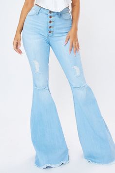 Push My Buttons Distressed Flare Jeans (DS) FG VM Distressed Flare Jeans, High Rise Flare Jeans, Short Fringe, Vintage Flare, Clothes Shopping, Tall Girl, Bell Bottom, Denim Flares, Light Denim