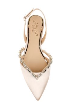 A string of jewels are like a royal crown on the vamp of this pointy-toe flat secured by a slender slingback strap. Adjustable slingback strap with buckle closure Lightly cushioned insole Synthetic or textile upper/synthetic lining/rubber sole Imported Women's Shoes Bridesmaid Shoes Flat, Wedding Flats For Bride, Pink Bridal Shoes, Glamourous Heels, Pink Wedding Shoes, Dressy Flats, Jewel Badgley Mischka, Groom Shoes, Wedding Shoes Bride