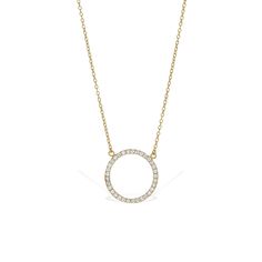 A contemporary design of micro pave round brilliant CZ stones takes this open circle necklace to a whole new level. Details:• Round Brilliant Cubic Zirconia Stones• 18k Yellow Gold Plated or Rhodium Plated Sterling Silver• Chain Length: Adjustable from 16” to 18” • Width: 18mm Modern Necklace With Round Diamond Accents, Modern Round Necklaces With Single Cut Diamonds, Modern Necklaces With Single Cut Diamonds, Fine Jewelry Circular Cubic Zirconia, Circular Jewelry With Diamond Accents And Cubic Zirconia, Cubic Zirconia Open Circle Halo Jewelry, Halo Cubic Zirconia Open Circle Jewelry, Modern Circle Jewelry With Diamond Accents, Diamond Circle Halo Jewelry