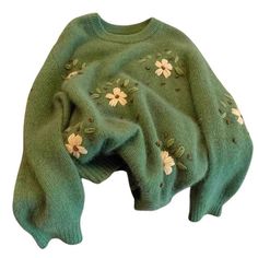 Cottagecore Floral Embroidery Green Sweater - Boogzel Clothing Green Knitted Sweater, Embroidery Green, Cottagecore Sweater, Fall Outfits Y2k, Unique Sweaters, Cottagecore Outfits, Green Soft, Aesthetic Outfit Ideas, Y2k Aesthetic Outfits