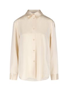 Khaite cream silk shirt with classic collar, button closure, button cuffs, curved hem. Composition: 100% Silk Tom Ford Handbags, Wang Dress, Cream Silk, Pleats Please Issey Miyake, Ermanno Scervino, Women's Blouses, Yoga Wear, Silk Shirt, Skirt Suit