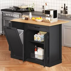 a kitchen island with an open door on the side and shelves below it that hold food