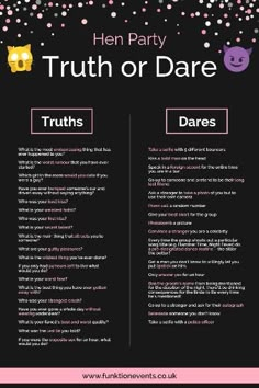 a poster with the words truth or dare written in pink and purple on black background