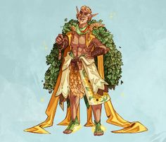 an illustration of a man dressed in costume and holding a wreath on his shoulders, standing with one arm wrapped around the other