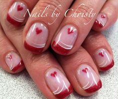 Red Heart Valentine French Shellac Nails Christy @ Mane Tamers Valentine Day Nails, Vacation Nails Green, Tropical Vacation Nails, Square French, French Tip Nail Designs