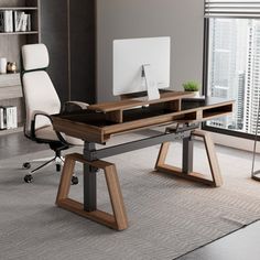 an office with a desk, chair and bookcase in front of a large window