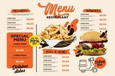 a menu for a restaurant with an image of a hamburger and fries