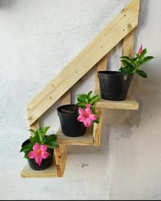 three potted plants are sitting on wooden shelves next to a stair case with flowers