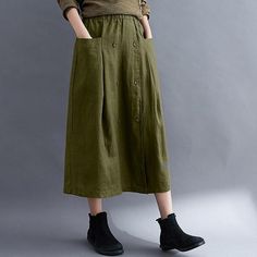 Season:Spring  Summer; Fabric:Cotton,Linen; Dress Length:Midi; Gender:Women's; Style:coastalgrandmastyle,Summer,Long,Casual,Basic; Occasion:Casual Daily,Daily,Street; Fit Type:Loose Fit; Pattern:Solid Colored; Design:Split Ends,Pocket; Pants Type:Linen Skirts,Long Skirt,A Line,Skirt; Front page:FF; Listing Date:02/13/2023; Production mode:External procurement; Hips:; Length:; Waist:; Fit US Size:null; Fit UK Size:null; Fit EU Size:null Casual Non-stretch Skirt With Pockets, Casual Non-stretch Skirt With Elastic Waistband, Casual Khaki Maxi Skirt For Spring, Baggy Solid Skirt For Fall, Casual Fall Skirt, Fall Long Khaki Skirt, Green Cotton Casual Maxi Skirt, Solid Color Relaxed Fit Skirt For Fall, Casual Green Pleated Skirt