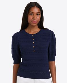 Annabelle Short-Sleeve Sweater in Navy Pointelle Navy Textured Knit Cotton Top, Navy Cotton Textured Knit Top, Dj Logo, How To Dress A Bed, Henley Sweater, Soft Gamine, Draper James, Midi Dress Casual, Mini Dress Casual