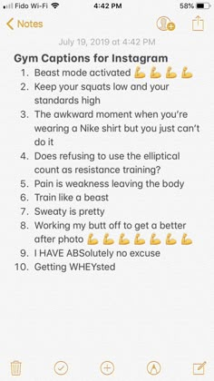 an instagram with the text gym captions for instagram and other things to do