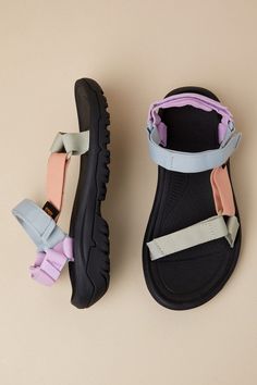 Make sure that all your summer adventures are as stylish as possible by bringing along the TEVA Hurricane XLT2 Eucalyptus Peach Bloom Strappy Sandals! Strap yourself into these versatile sandals that feature recycled REPREVEÂ® polyester yarn by UnifiÂ®, in a fun pastel color block design, that shapes an adjustable VELCRO ; toe strap that leads to a matching quarter strap. A durable, round-shaped footbed features essential treading that assists with enhanced comfort for all-day wear! Logo tag acc Sandals Strap, Sandals Strappy, Color Block Design, Logo Tag, Polyester Yarn, Summer Adventures, Block Design, Strappy Sandals, Vegan Friendly