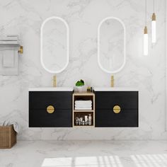 a bathroom with marble walls and black drawers