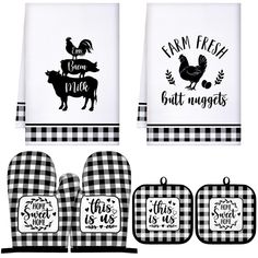 kitchen towels and oven mitts with farm fresh sayings on the front, black and white gingham checkered design